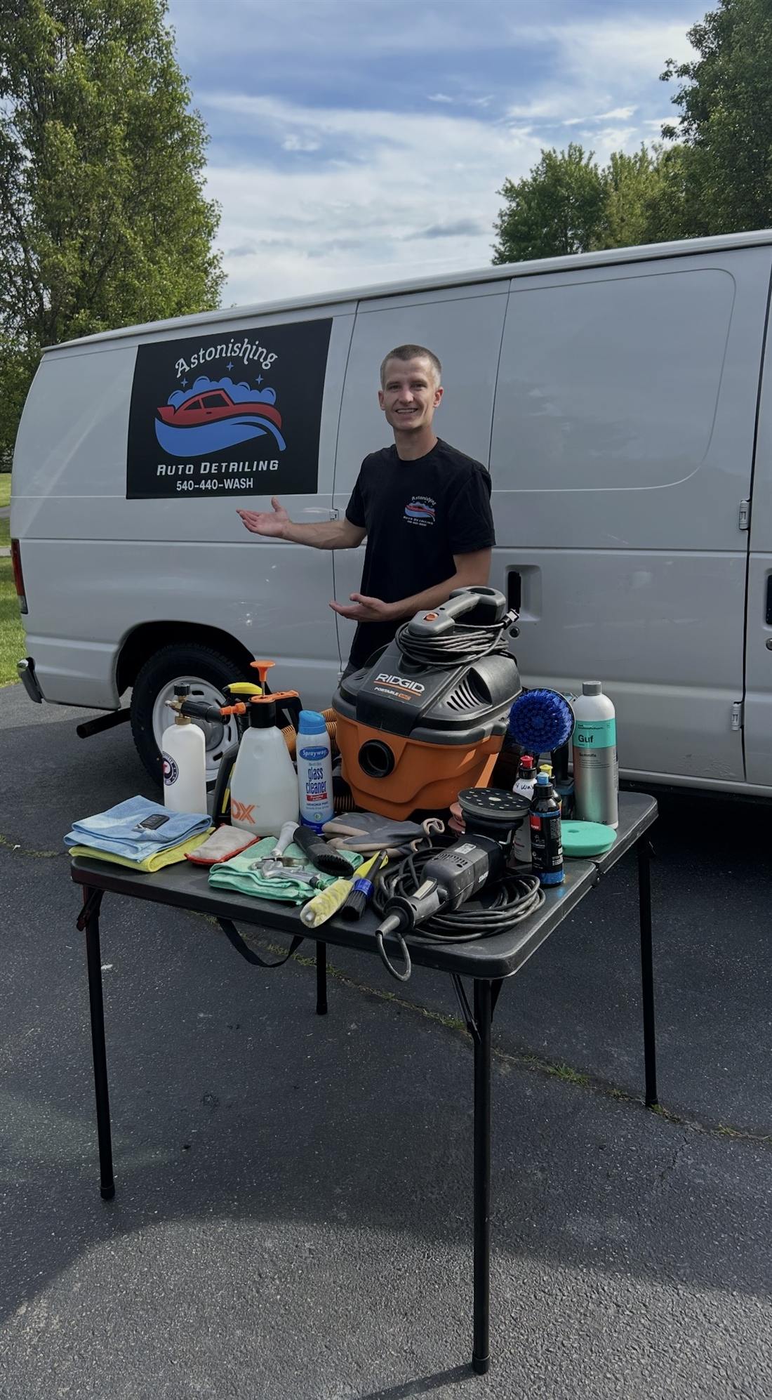 Astonishing Auto Detailing owner with the company van and equipment